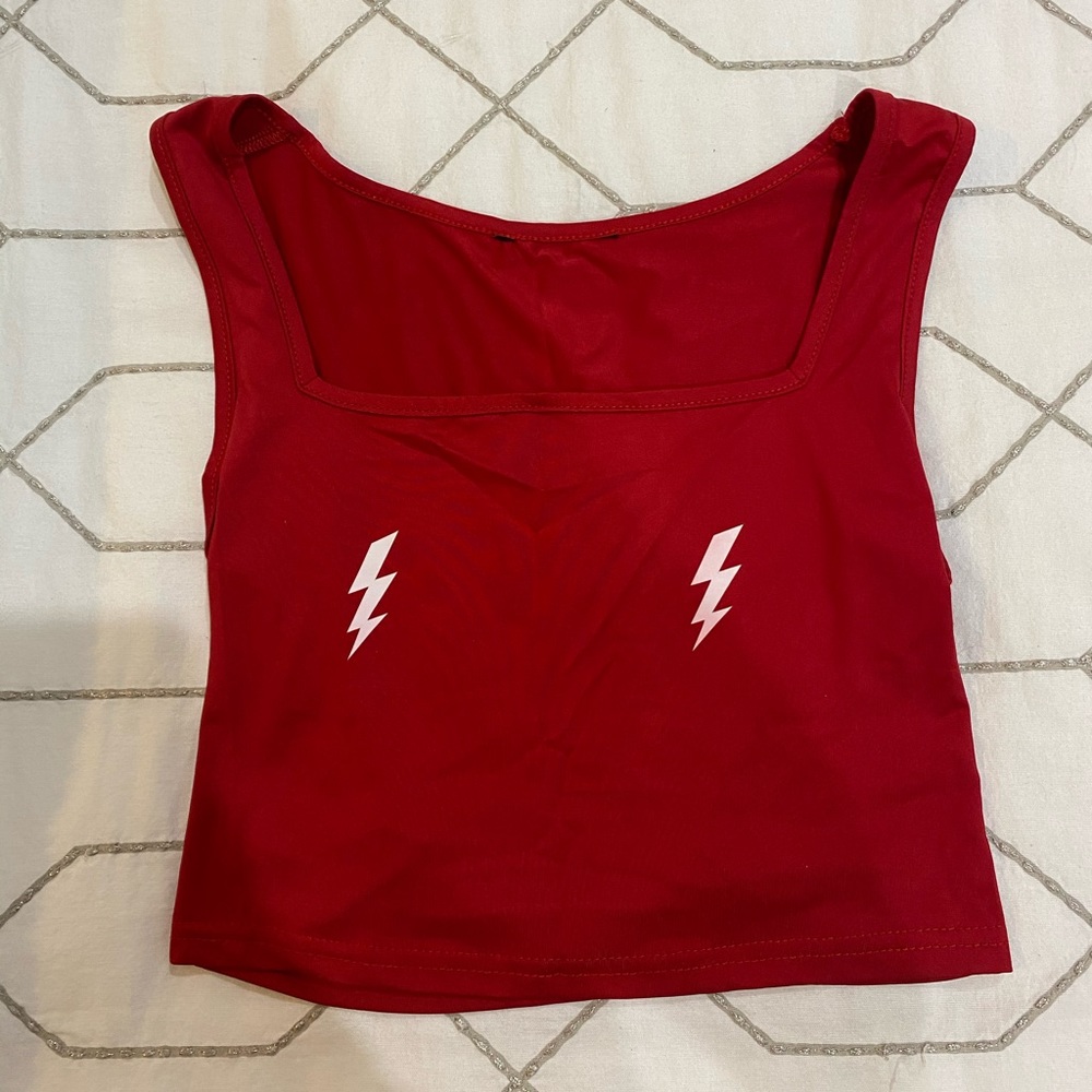 red cropped tank with lightning bolts